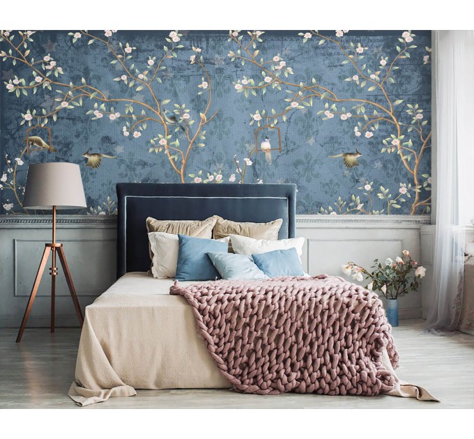 Chinoiserie wallpaper with birds, blooming tree wall mural