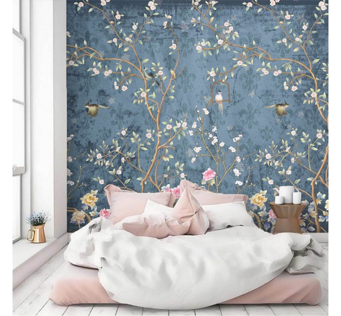 Chinoiserie wallpaper with birds, blooming tree wall mural