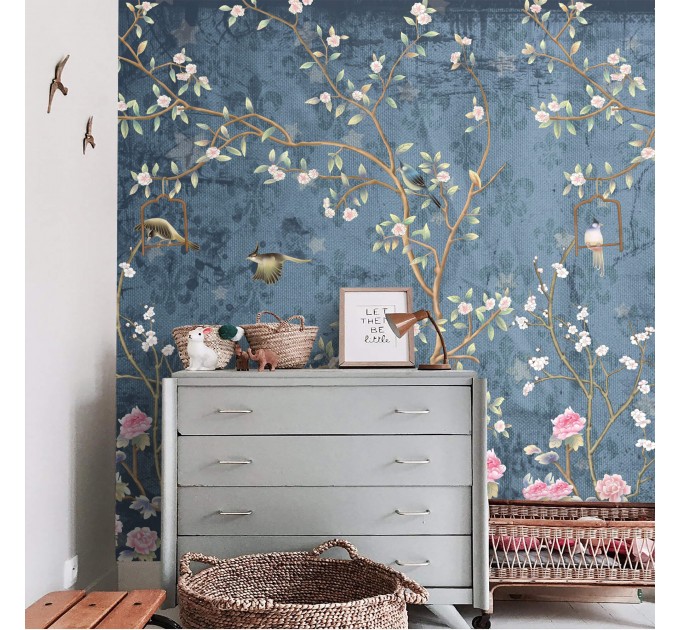 Chinoiserie wallpaper with birds, blooming tree wall mural