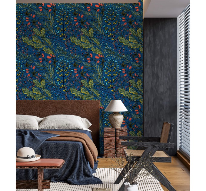 Dark blue botanical wallpaper Accent wall covering