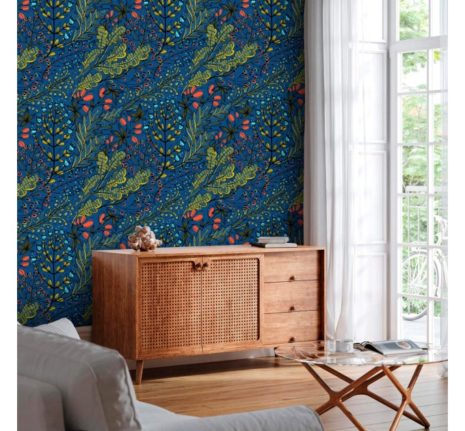 Dark blue botanical wallpaper Accent wall covering