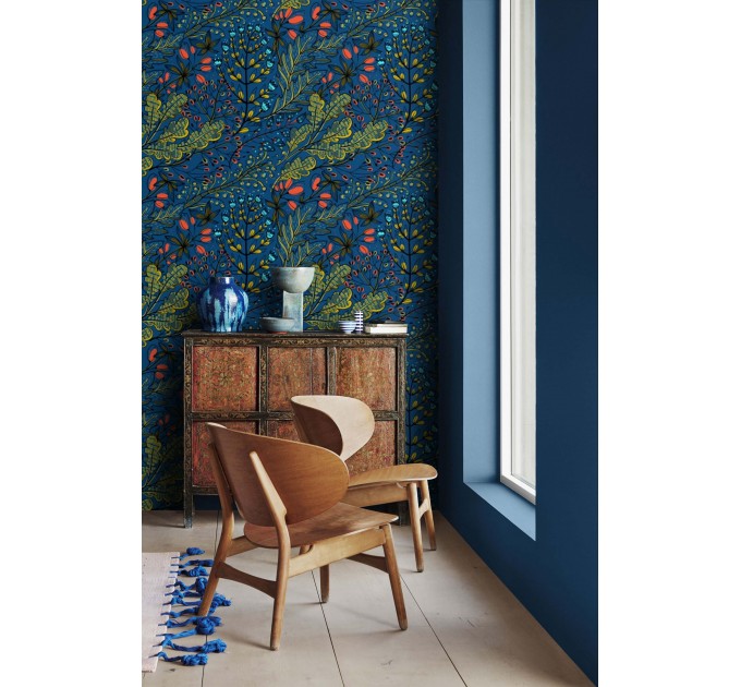 Dark blue botanical wallpaper Accent wall covering