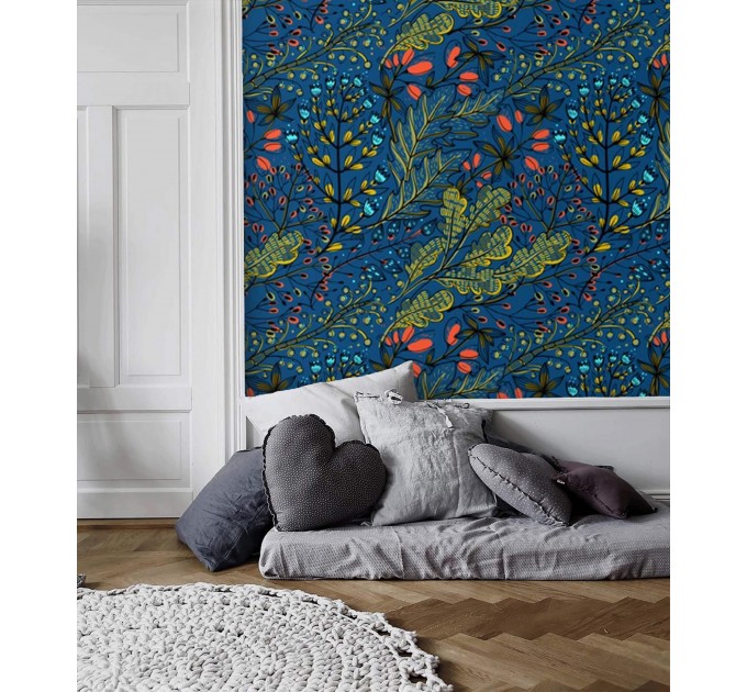 Dark blue botanical wallpaper Accent wall covering