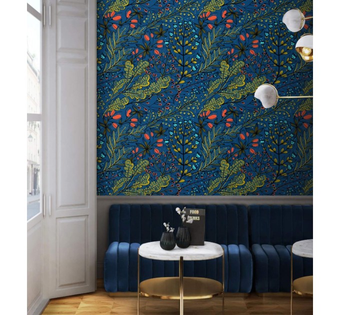 Dark blue botanical wallpaper Accent wall covering