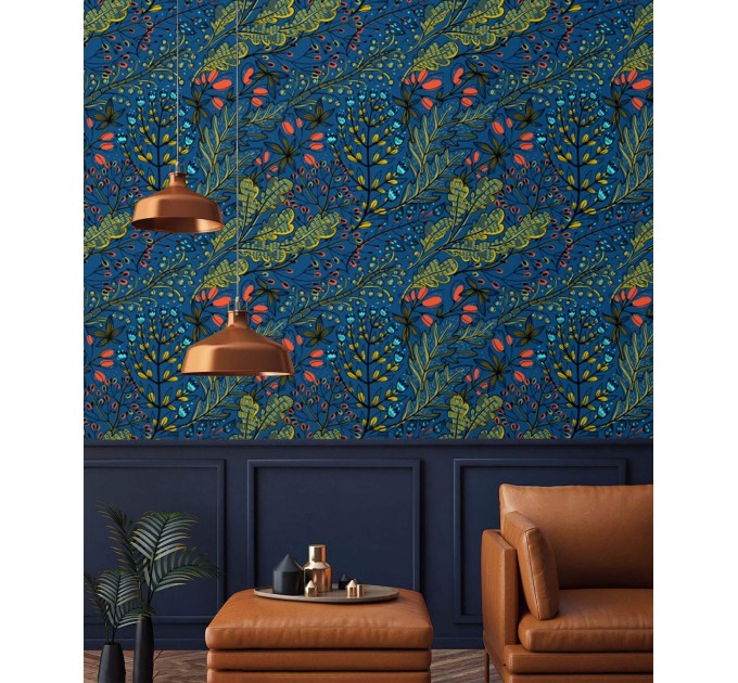 Dark blue botanical wallpaper Accent wall covering