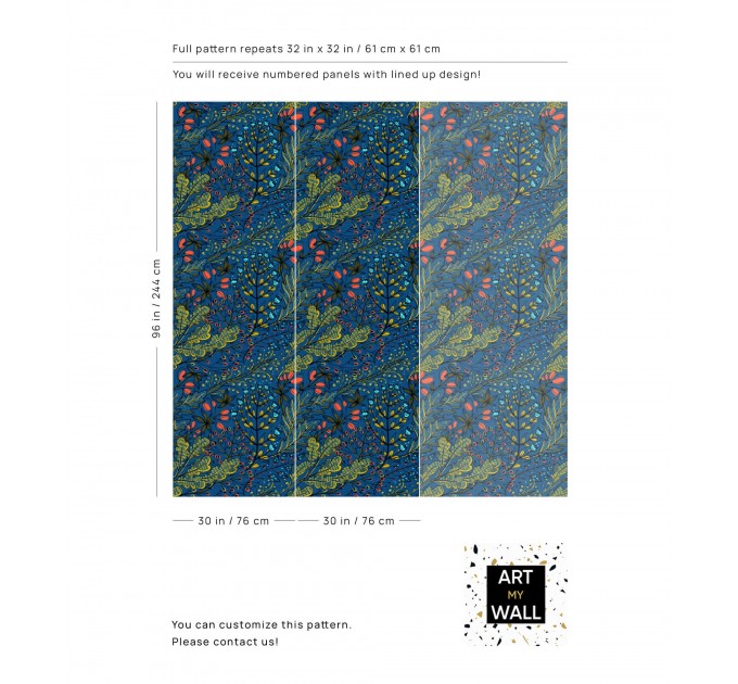 Dark blue botanical wallpaper Accent wall covering