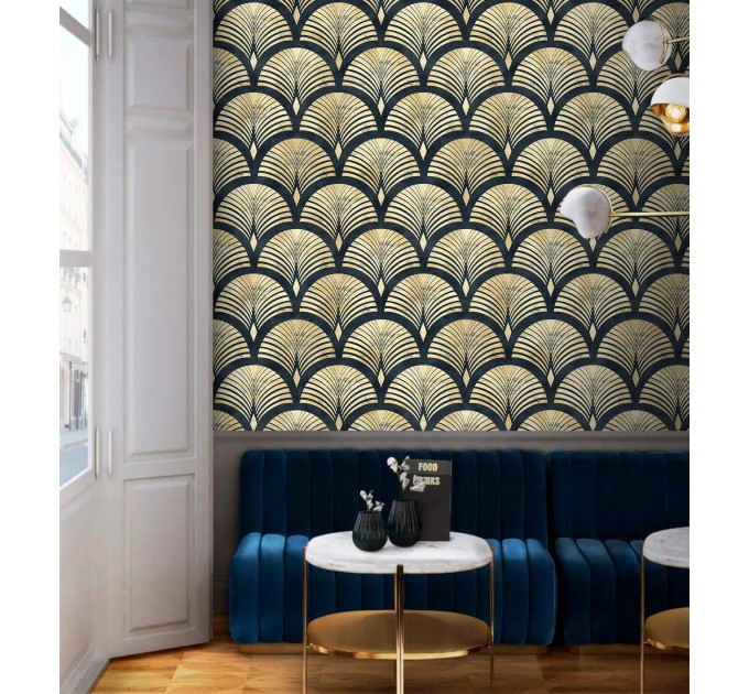 Wallpaper fans black gold non metallic Art deco style