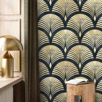 Wallpaper fans black gold non metallic Art deco style