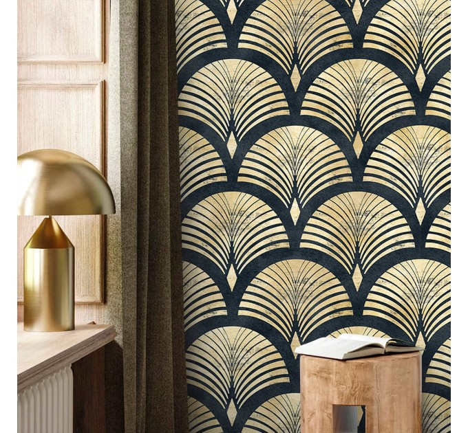 Wallpaper fans black gold non metallic Art deco style