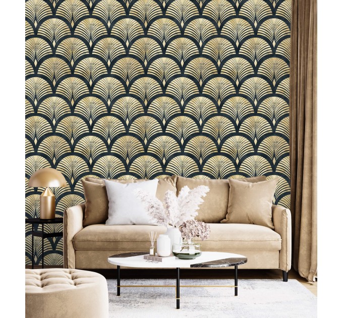 Wallpaper fans black gold non metallic Art deco style