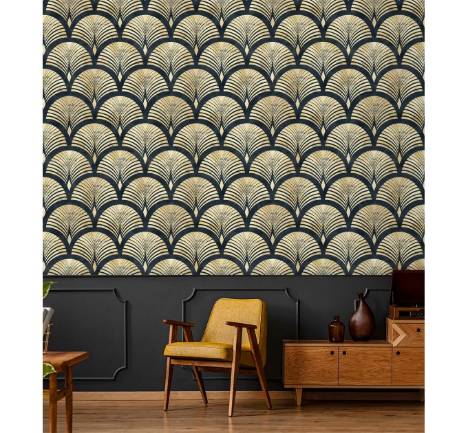 Wallpaper fans black gold non metallic Art deco style