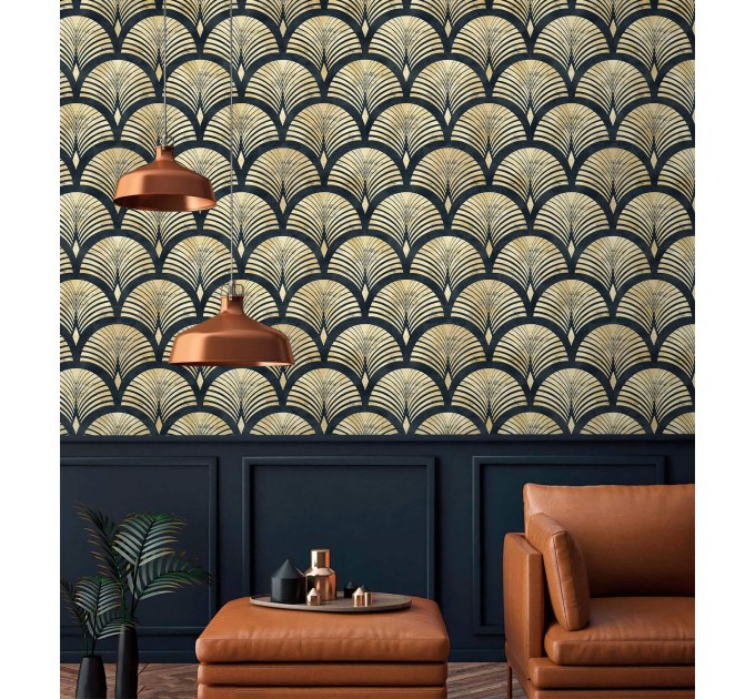 Wallpaper fans black gold non metallic Art deco style