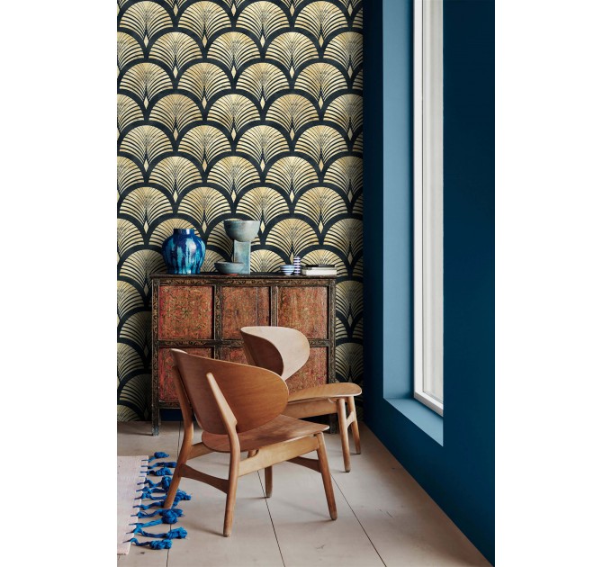 Wallpaper fans black gold non metallic Art deco style