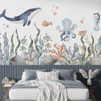 Underwater sea life wall mural, whale wallpaper