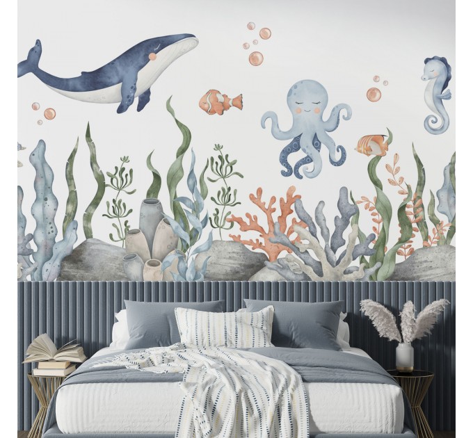 Underwater sea life wall mural, whale wallpaper
