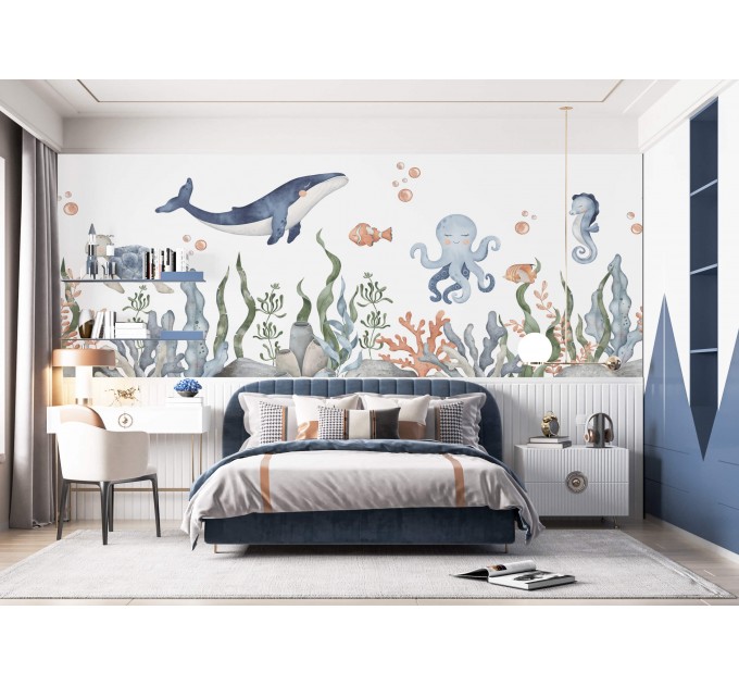 Underwater sea life wall mural, whale wallpaper