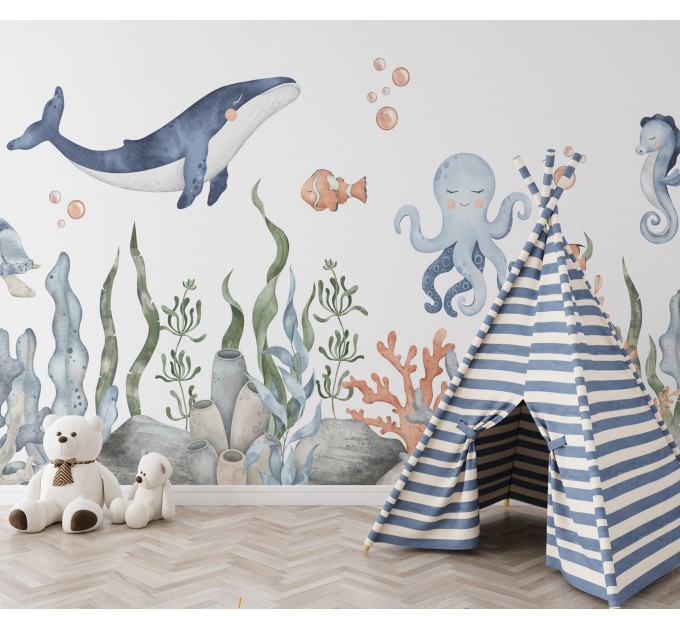 Underwater sea life wall mural, whale wallpaper