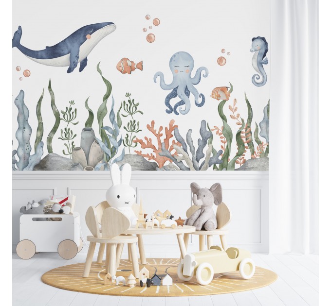 Underwater sea life wall mural, whale wallpaper