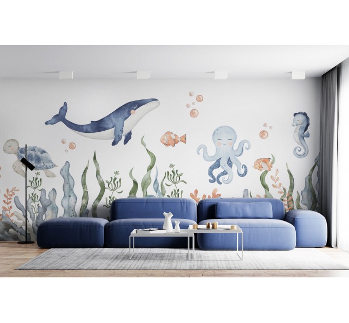 Underwater sea life wall mural, whale wallpaper
