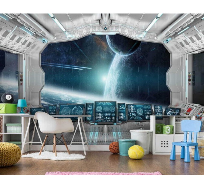 Spaceship design for boys' room, space mural wallpaper