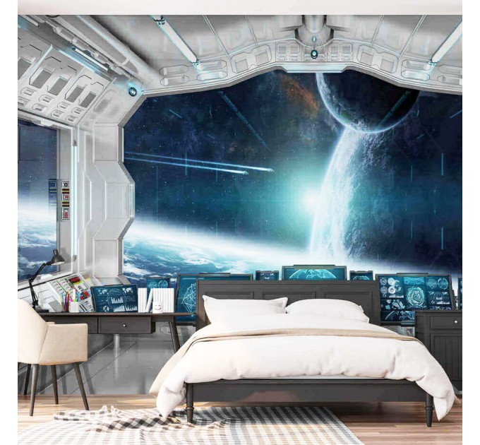 Spaceship design for boys' room, space mural wallpaper