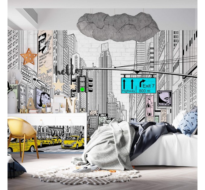 City street wall mural with urban design Contemporary cityscape