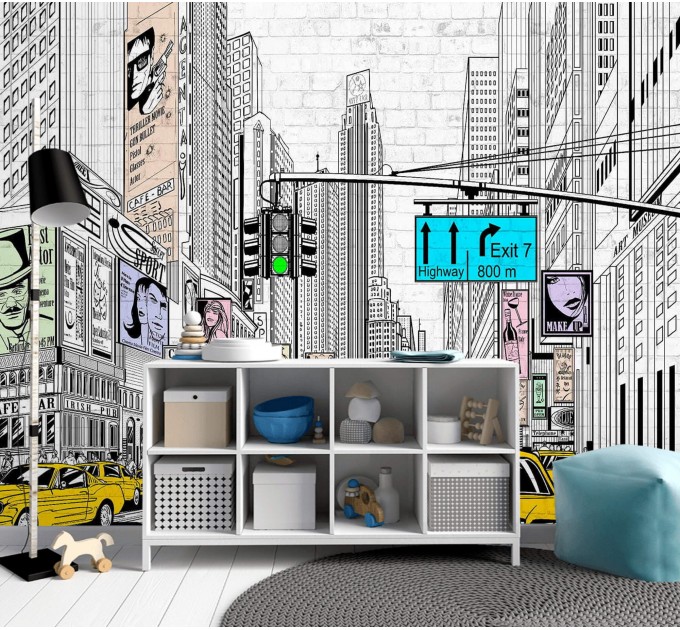 City street wall mural with urban design Contemporary cityscape