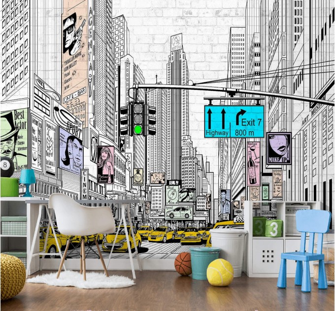 City street wall mural with urban design Contemporary cityscape