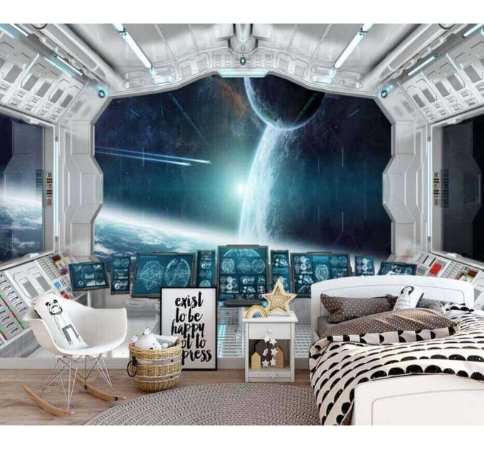 Spaceship design for boys' room, space mural wallpaper