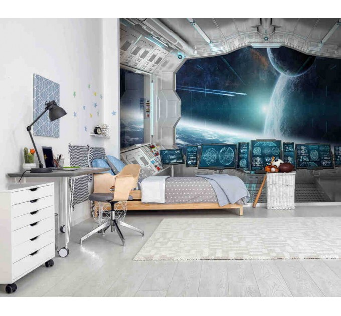 Spaceship design for boys' room, space mural wallpaper