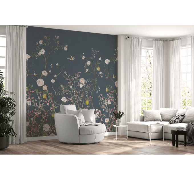 Dark floral wall mural with birds Accent wallpaper garden