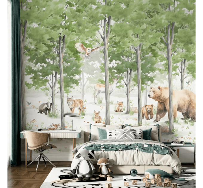 Fairy forest children's wallpaper with cute animals