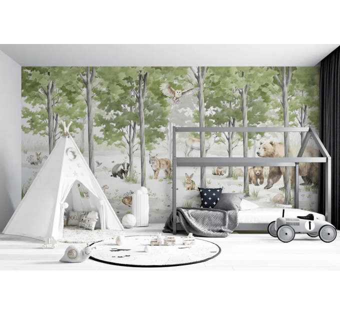 Fairy forest children's wallpaper with cute animals