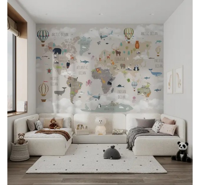 Kids world map wall mural Children bedroom map wall decal