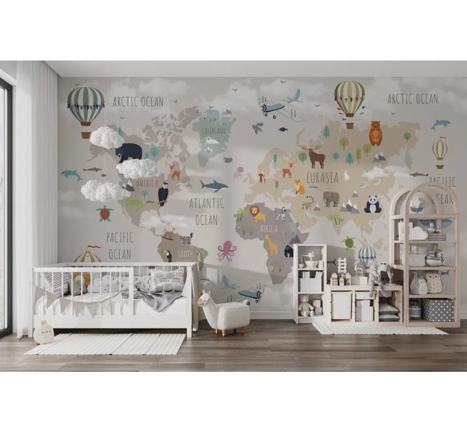 Kids world map wall mural Children bedroom map wall decal