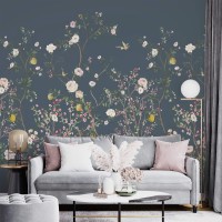 Dark floral wall mural with birds Accent wallpaper garden