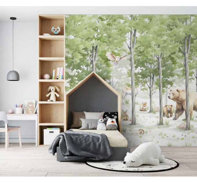 Fairy forest children's wallpaper with cute animals