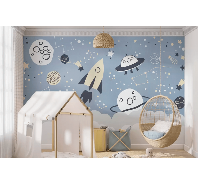 Space rocket wall mural Planets and stars wallpaper kids