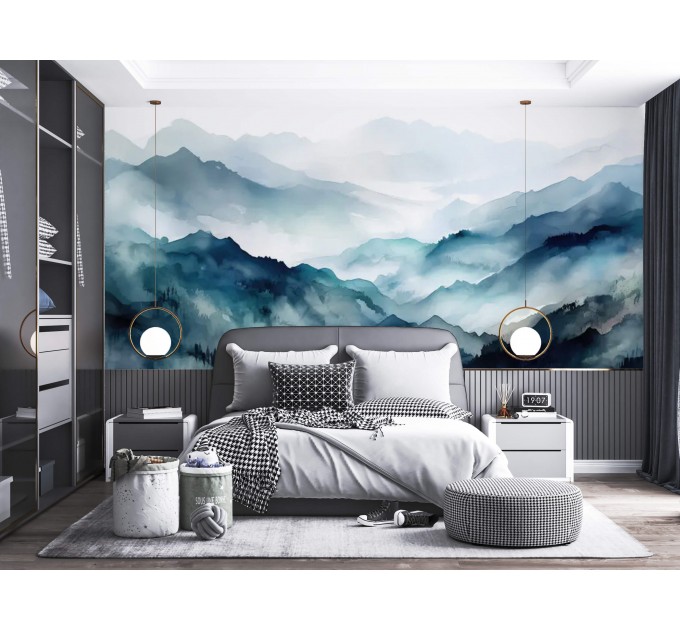 Foggy blue mountains wallpaper mural landscape