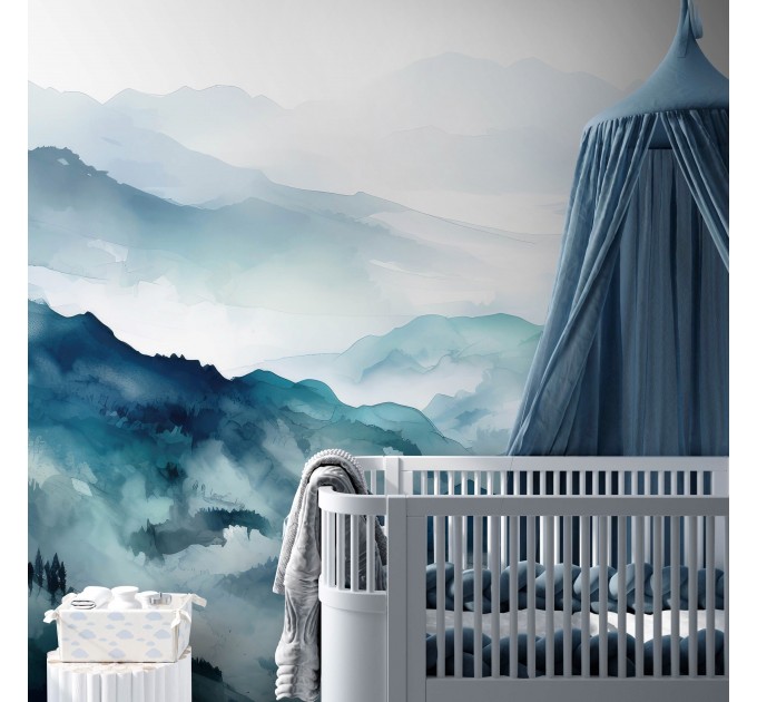 Foggy blue mountains wallpaper mural landscape