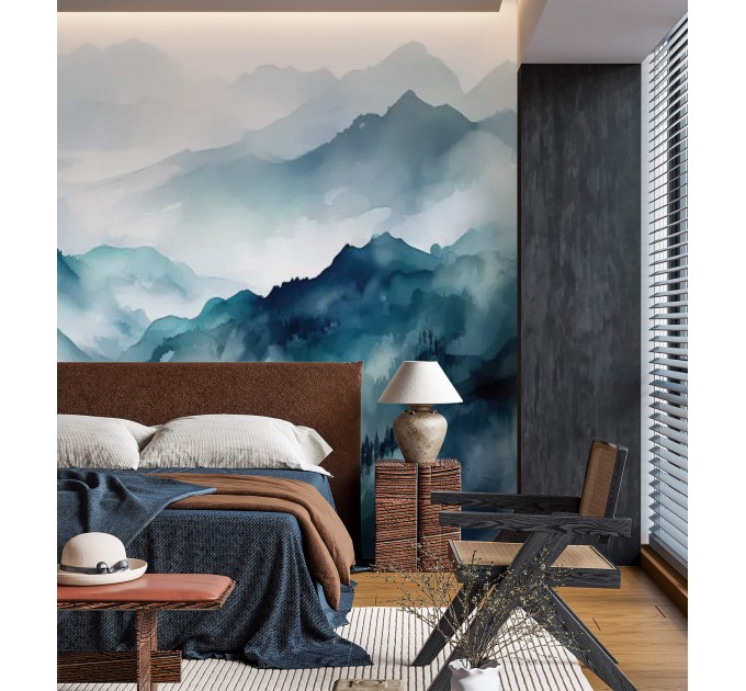 Foggy blue mountains wallpaper mural landscape