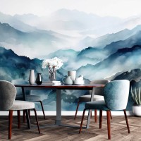Foggy blue mountains wallpaper mural landscape