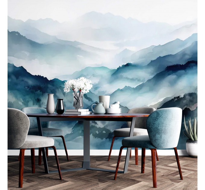 Foggy blue mountains wallpaper mural landscape