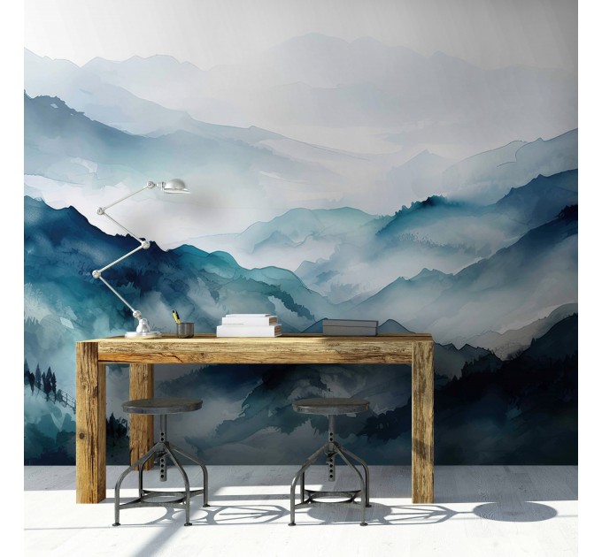 Foggy blue mountains wallpaper mural landscape
