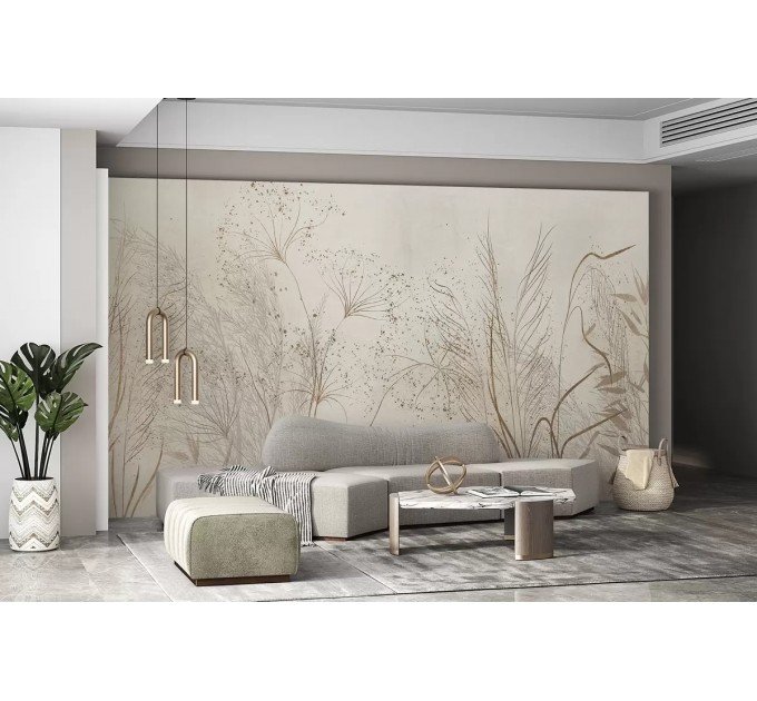 Minimalist light leaves wall mural Light beige herbs