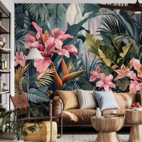 Tropical wallpaper mural Exotic flowers and leaves