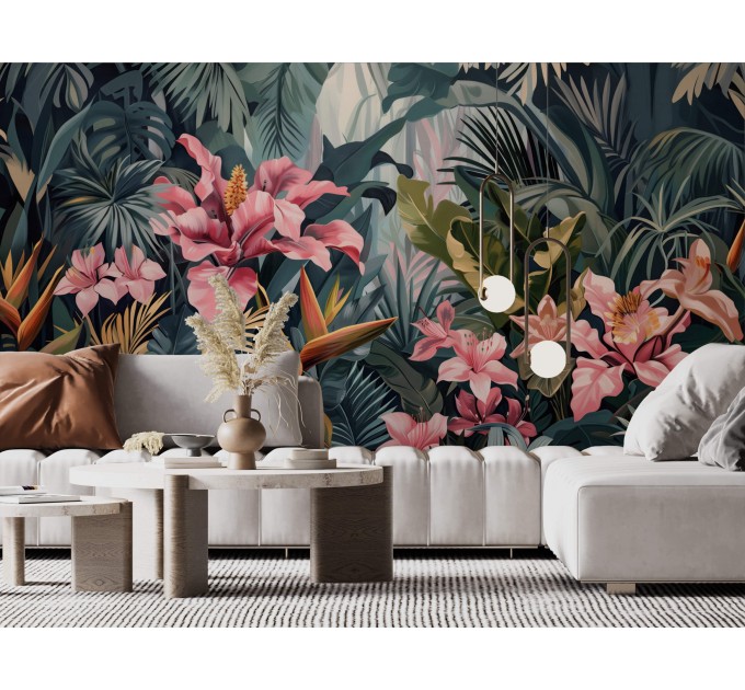 Tropical wallpaper mural Exotic flowers and leaves