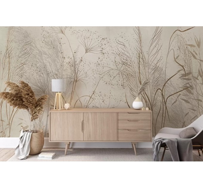 Minimalist light leaves wall mural Light beige herbs