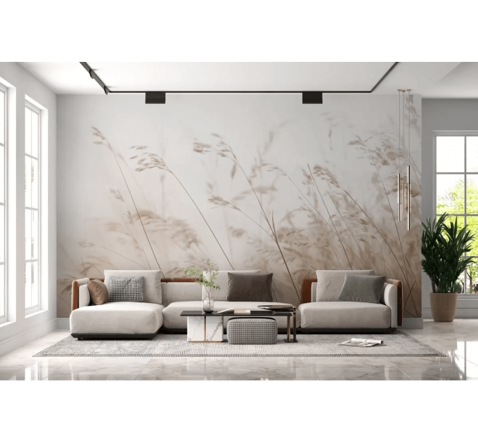 Soft beige botanical wall mural Wild field wallpaper