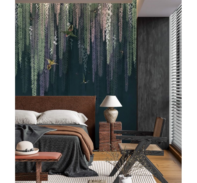 Blooming liana wall mural with birds